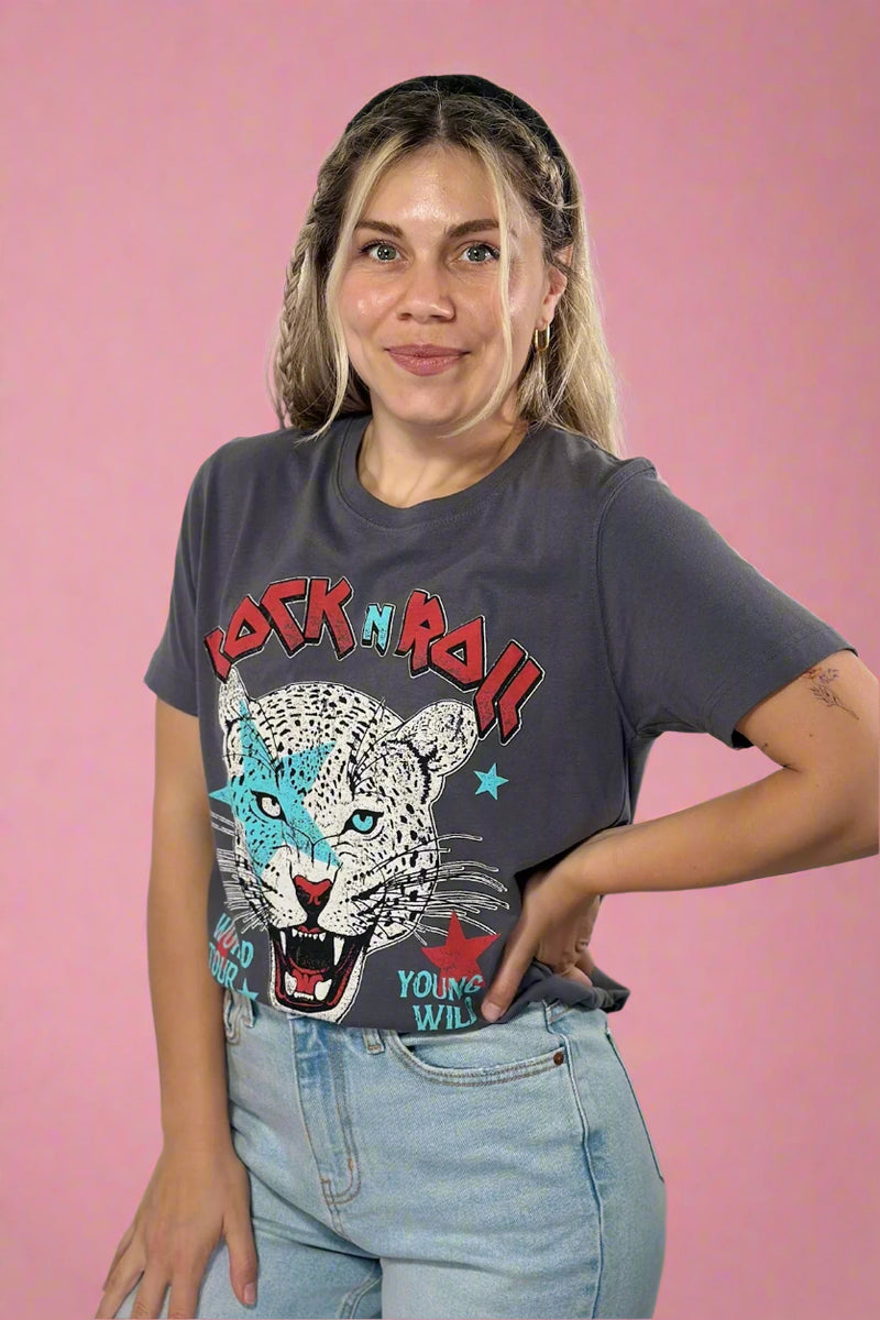 Rock N Roll Leopard Tour Top - Charcoal