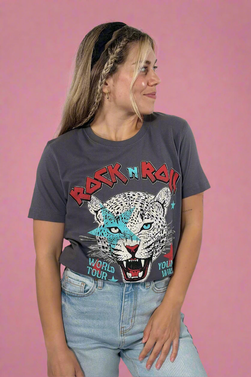 Rock N Roll Leopard Tour Top - Charcoal
