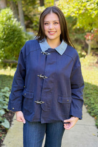 A-Line Utility Jacket with Corduroy Collar - Blue
