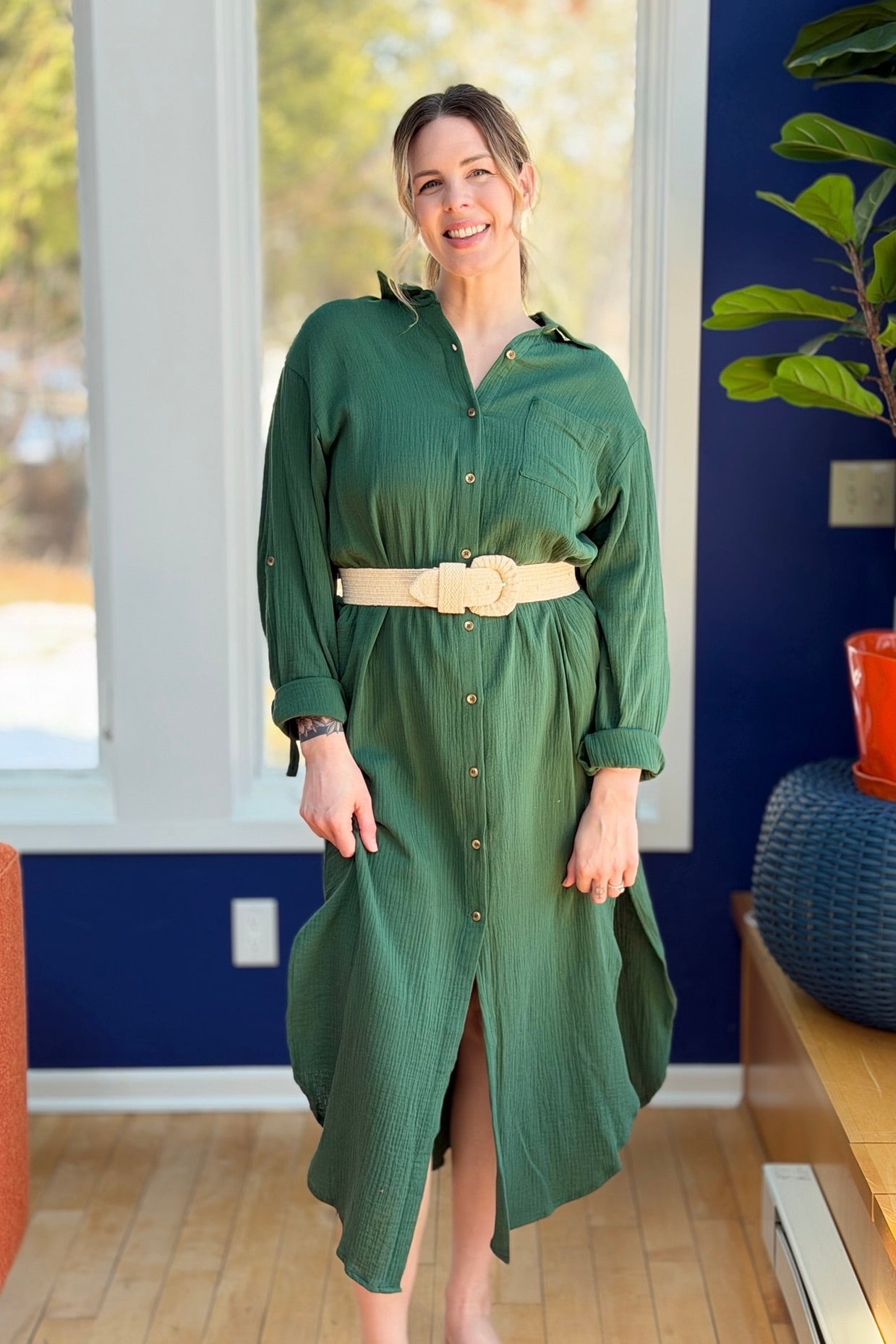 Long Sleeve Button Up Maxi Shirt Dress - Hunter