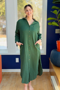 Long Sleeve Button Up Maxi Shirt Dress - Hunter