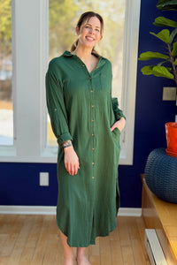 Long Sleeve Button Up Maxi Shirt Dress - Hunter