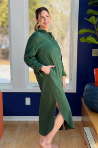 Long Sleeve Button Up Maxi Shirt Dress - Hunter