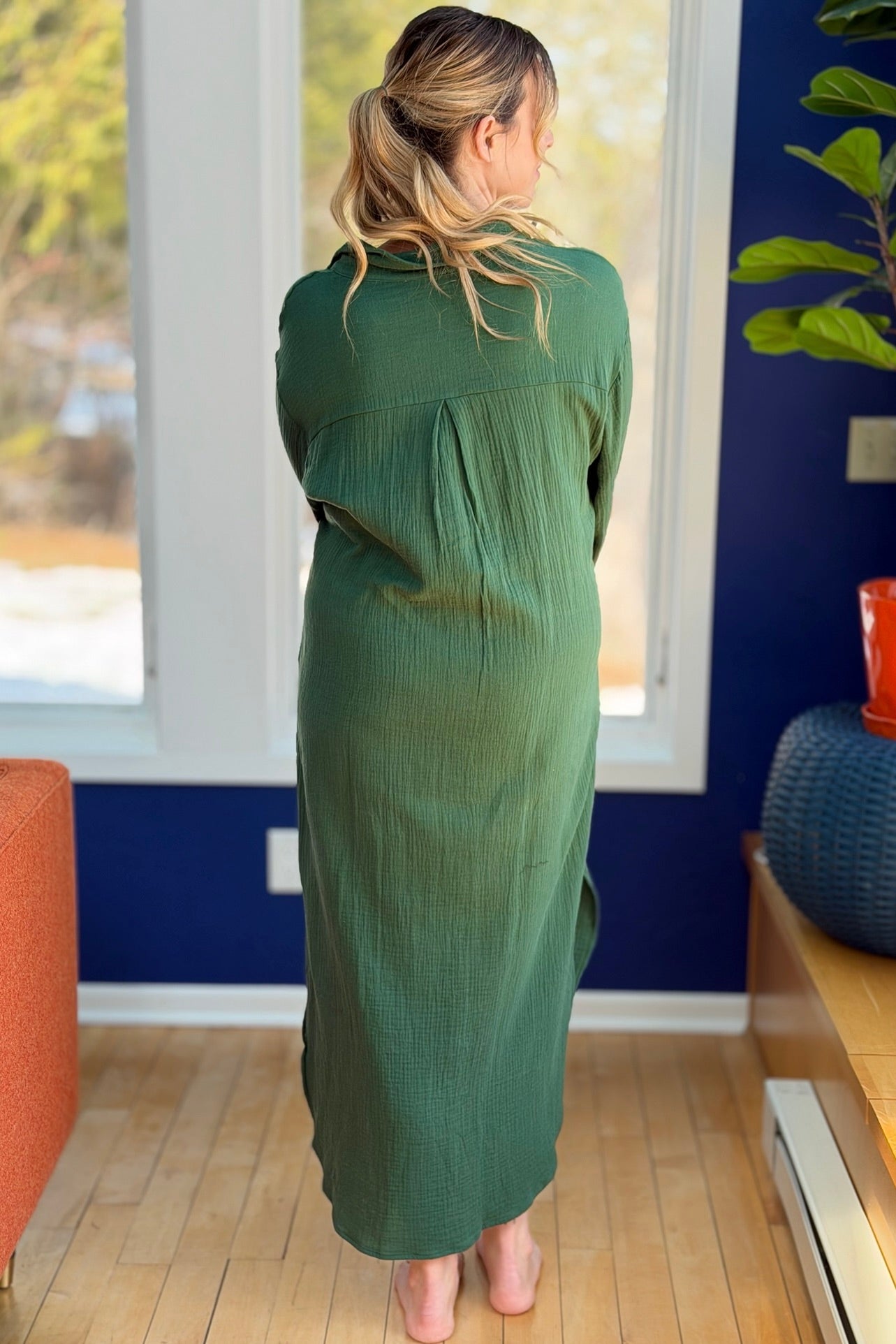 Long Sleeve Button Up Maxi Shirt Dress - Hunter