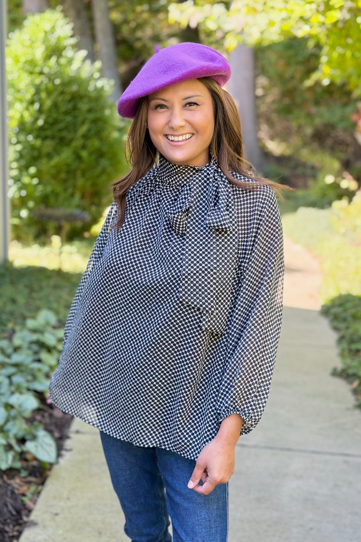 Dot Print Tie Neck Blouse - Black