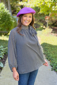 Dot Print Tie Neck Blouse - Black