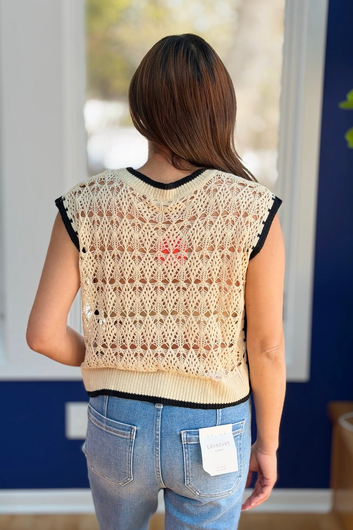 Crochet Knit Top With Contrast Trim