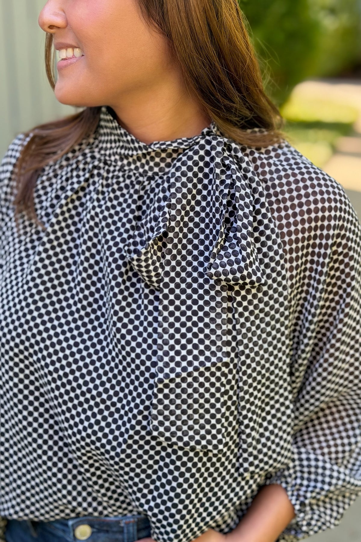 Dot Print Tie Neck Blouse - Black