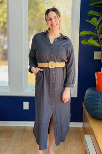 Long Sleeve Button Up Maxi Shirt Dress - Ash