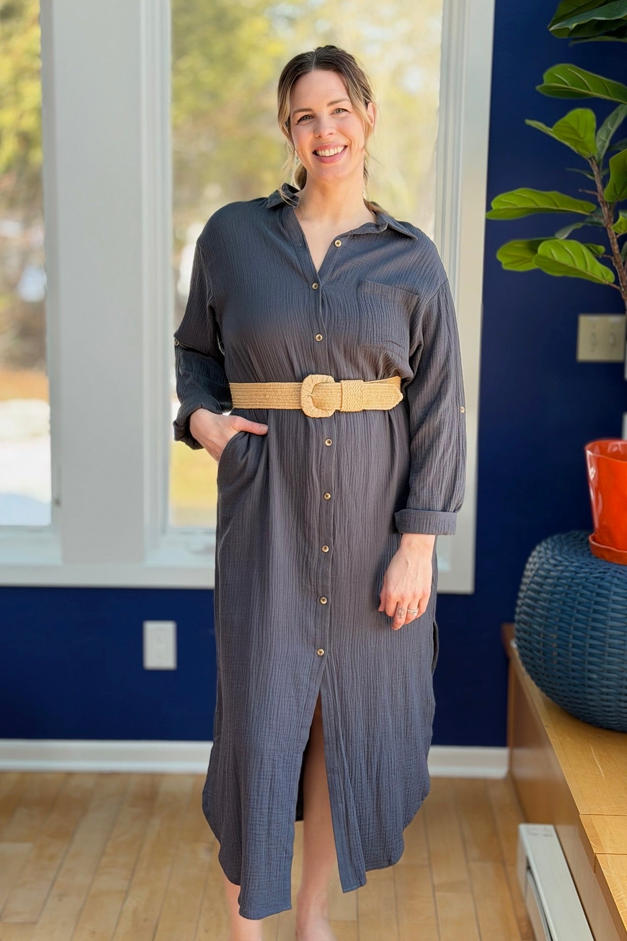 Long Sleeve Button Up Maxi Shirt Dress - Ash