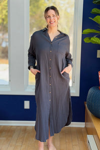 Long Sleeve Button Up Maxi Shirt Dress - Ash