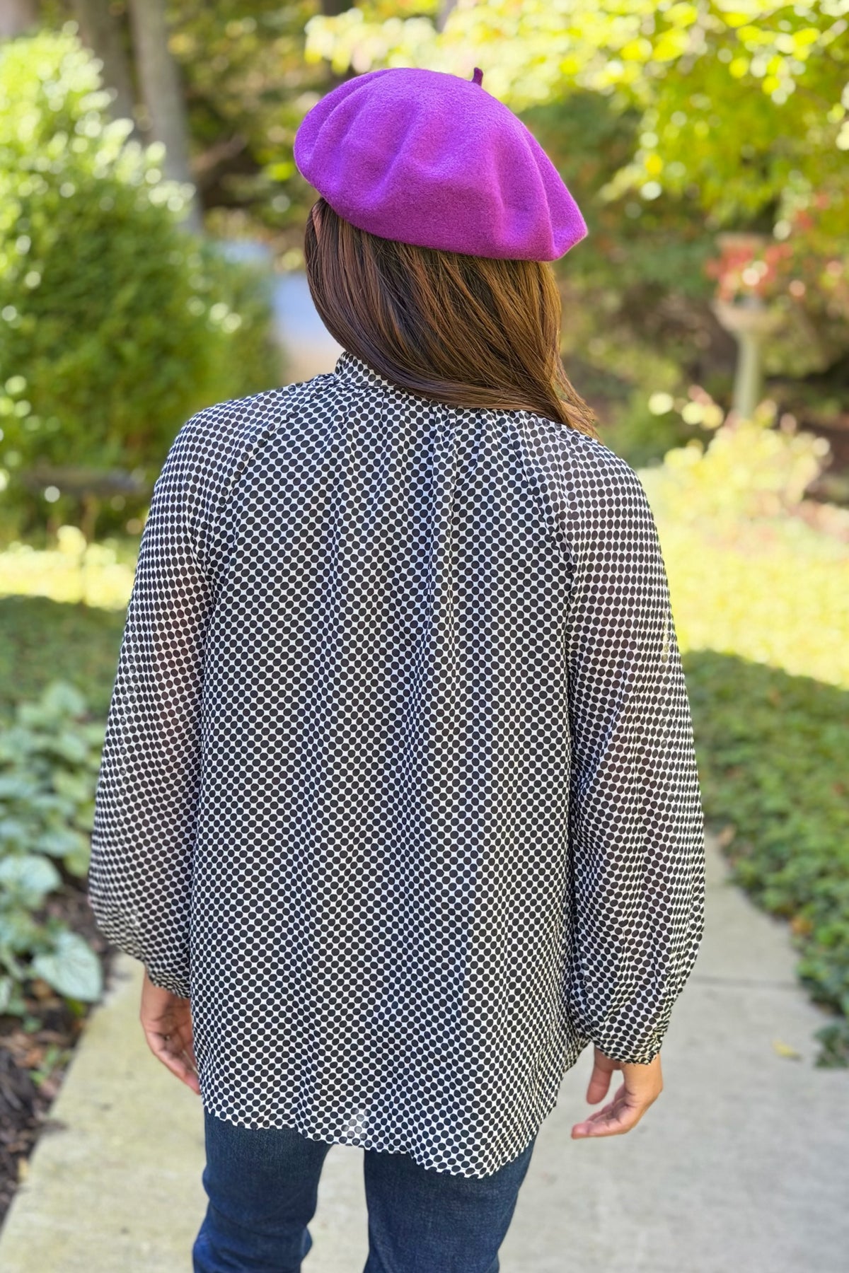 Dot Print Tie Neck Blouse - Black