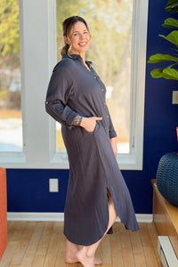 Long Sleeve Button Up Maxi Shirt Dress - Ash
