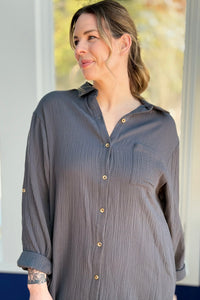 Long Sleeve Button Up Maxi Shirt Dress - Ash