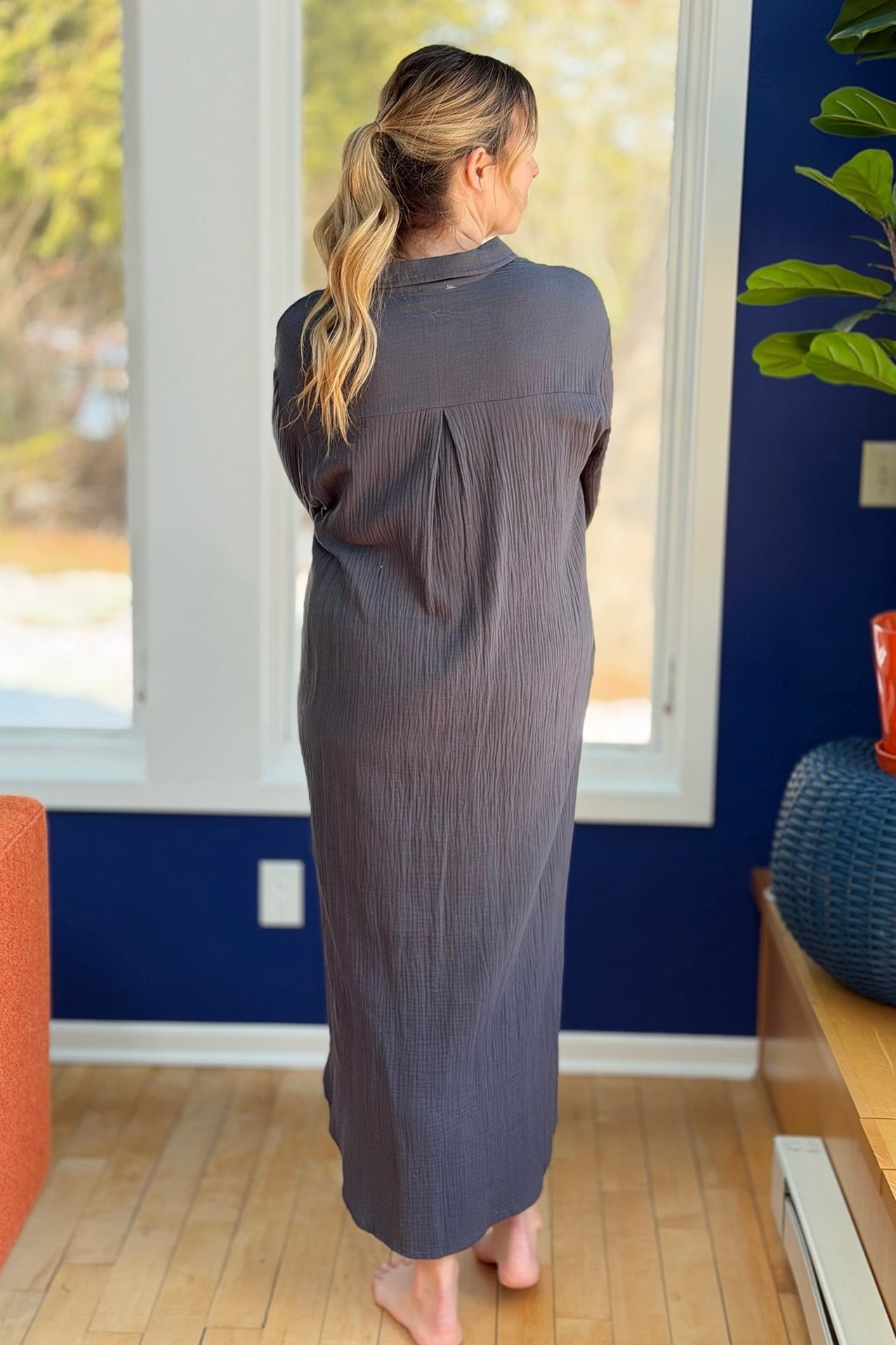 Long Sleeve Button Up Maxi Shirt Dress - Ash