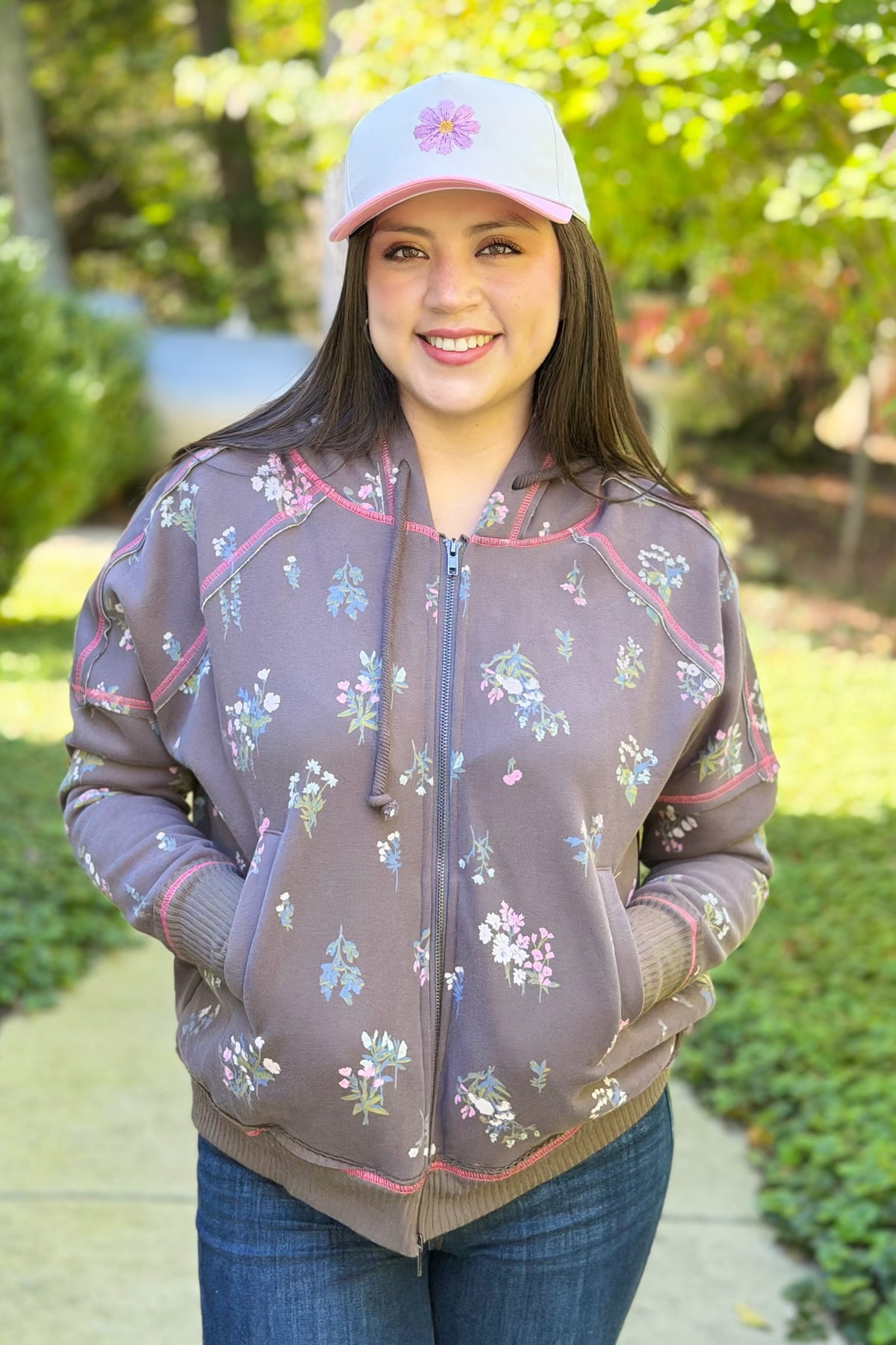 Floral Zip Terry Hoodie - Ash