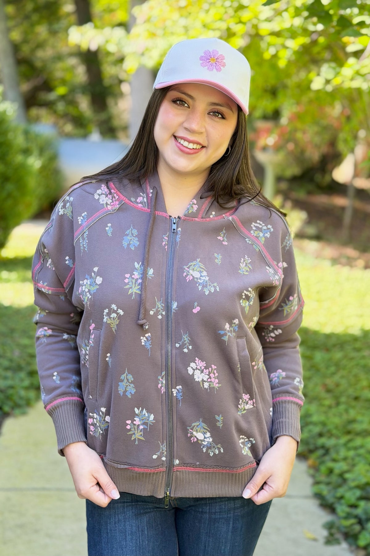 Floral Zip Terry Hoodie - Ash