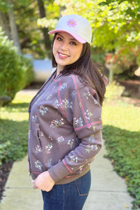 Floral Zip Terry Hoodie - Ash