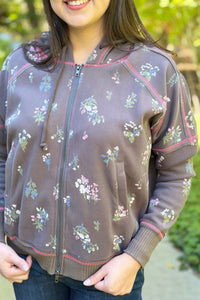 Floral Zip Terry Hoodie - Ash