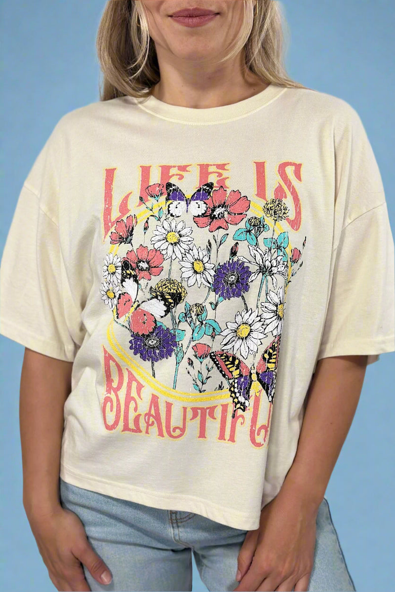 Life Is Beautiful Graphic Crop Tee - Ivory