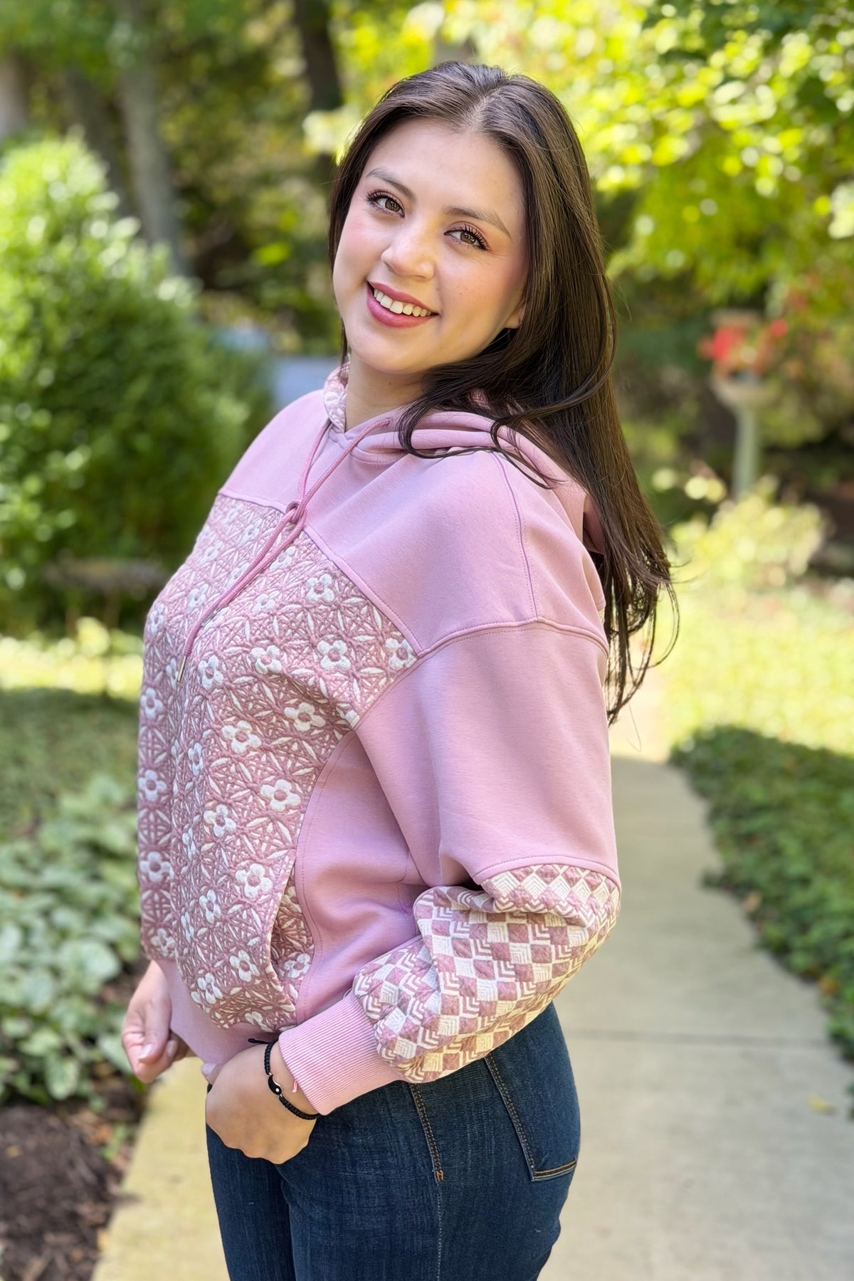 Jacquard Mixed Hoodie - Mauve