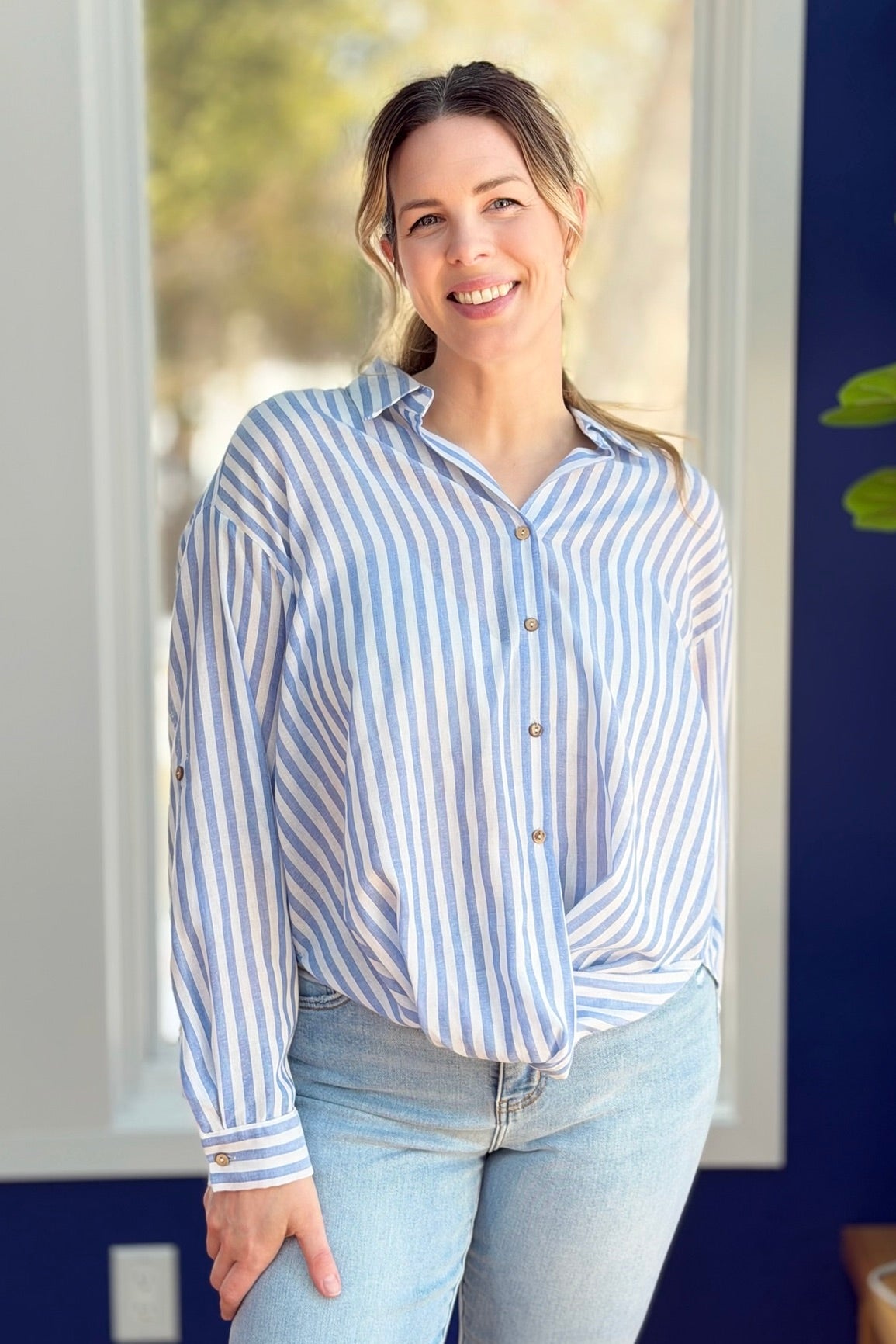 Striped Knotted Front Shirt - Blue