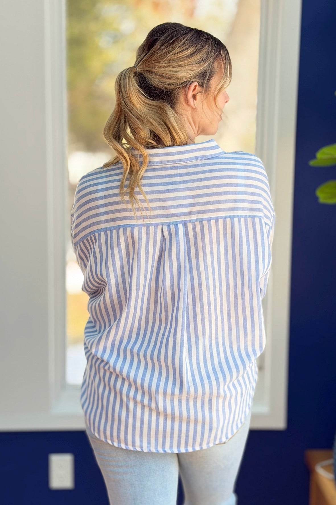 Striped Knotted Front Shirt - Blue