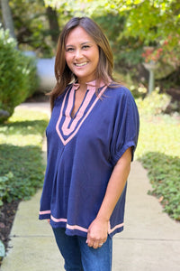 Linen Contrast Trim V-Neck Blouse - Navy