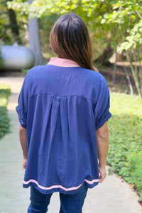 Linen Contrast Trim V-Neck Blouse - Navy
