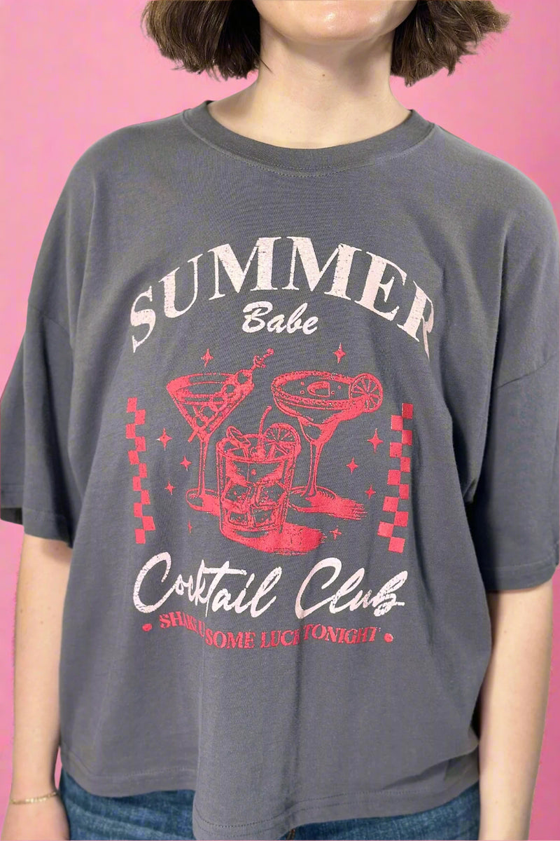 Summer Babe Cocktail Club Crop Tee - Charcoal