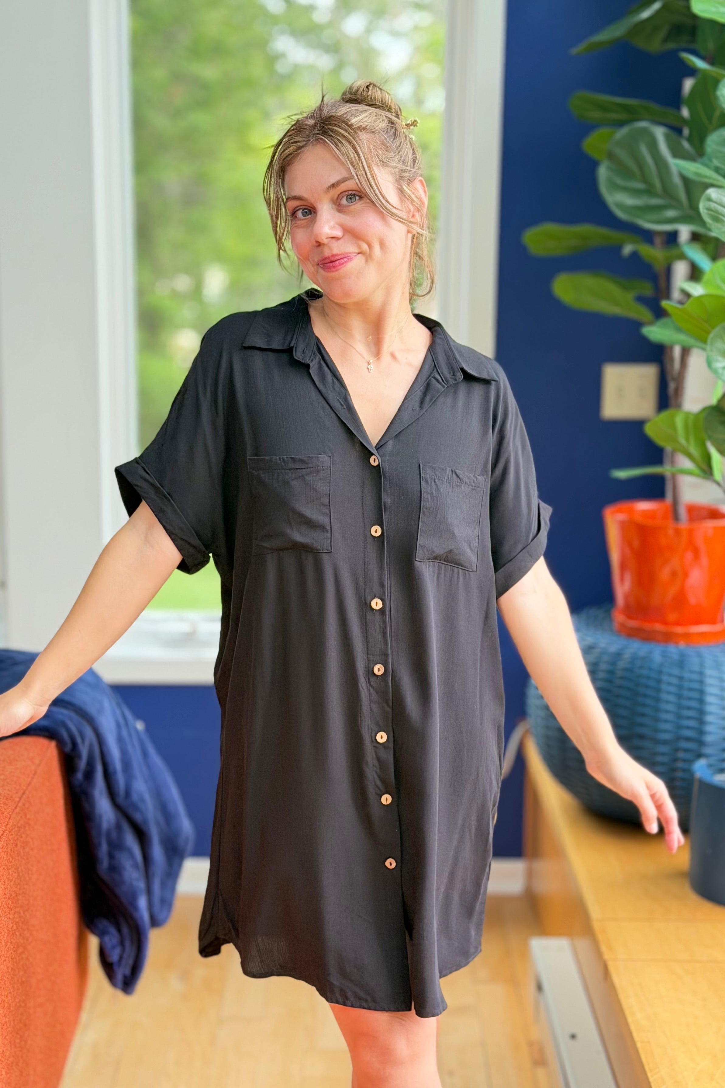 Short Sleeve Button Down Shirt Dress - Black