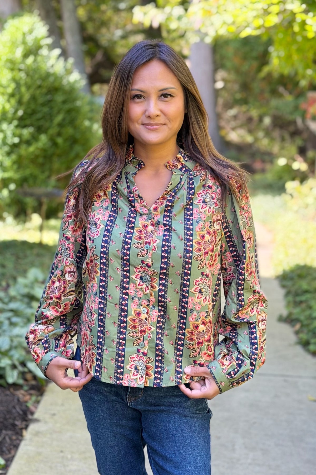 Floral Border Print Button Up Top
