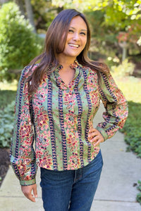Floral Border Print Button Up Top