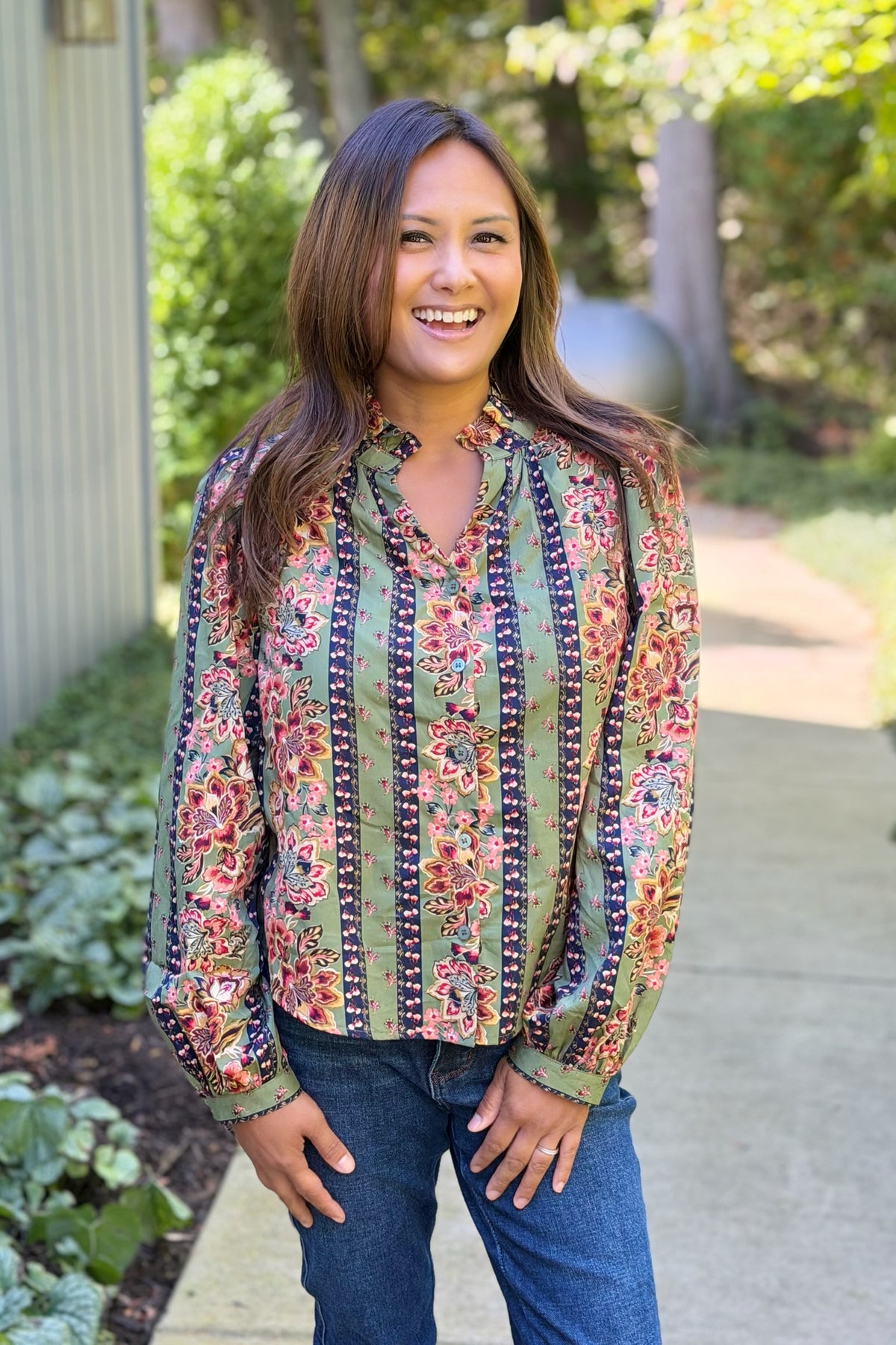 Floral Border Print Button Up Top