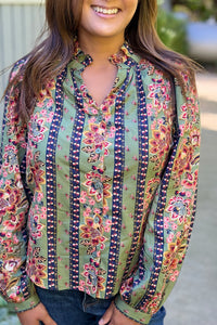 Floral Border Print Button Up Top