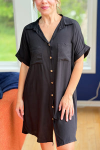 Short Sleeve Button Down Shirt Dress - Black