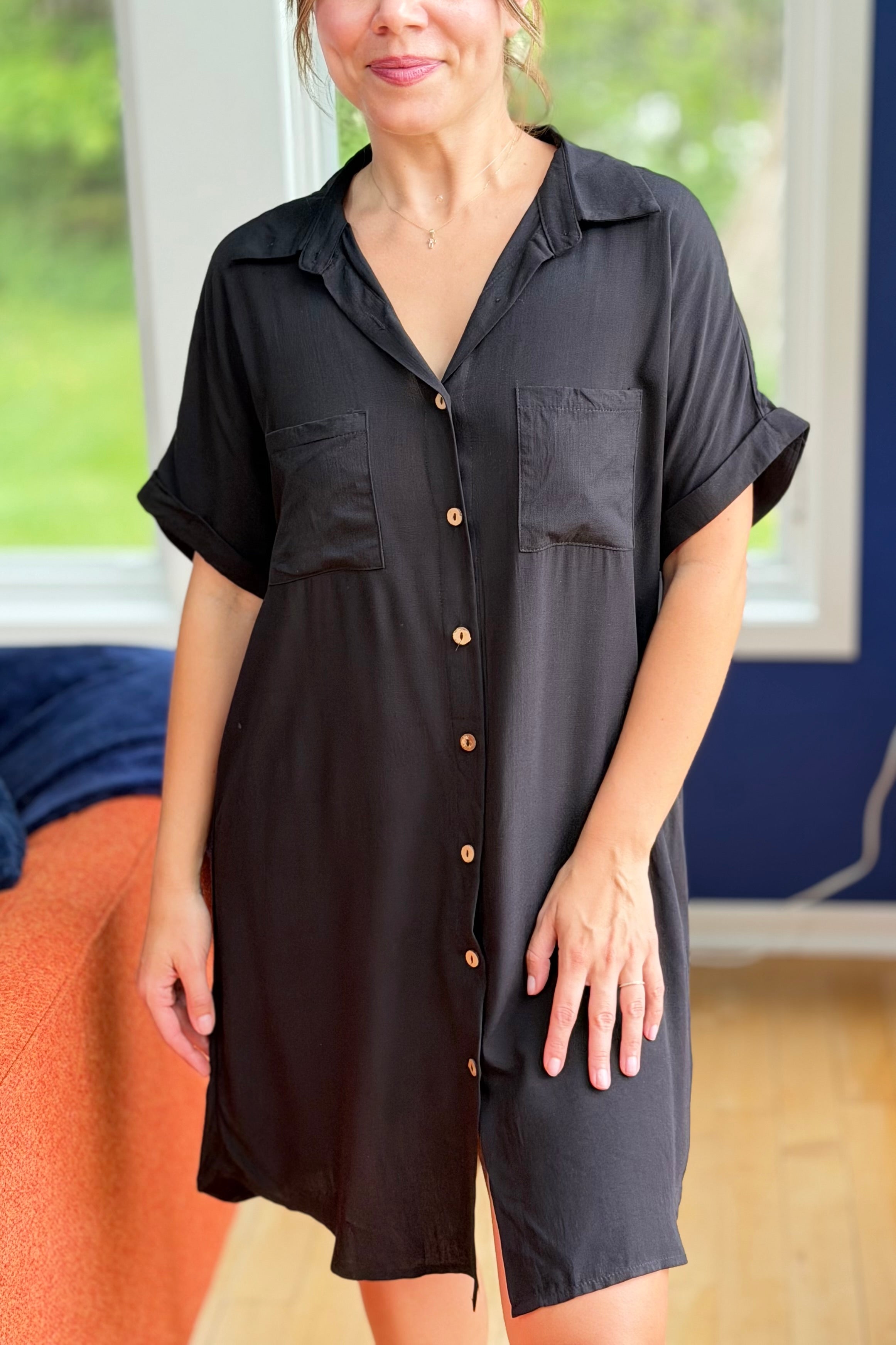 Short Sleeve Button Down Shirt Dress - Black