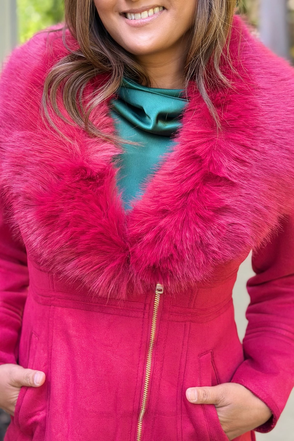 Luxe Faux Fur-Collar Tailored Coat - Red