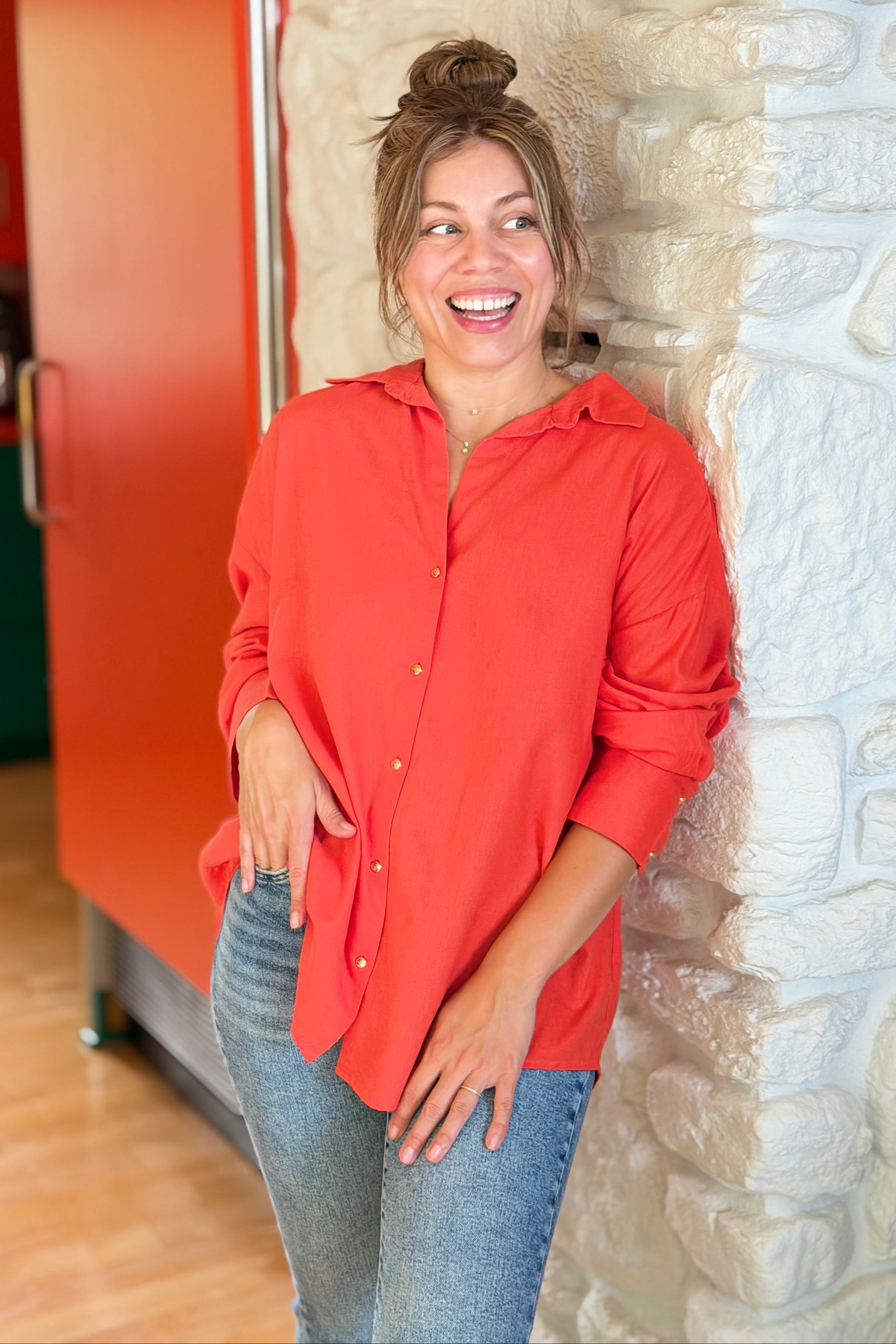 Gold Button Down Top - Red