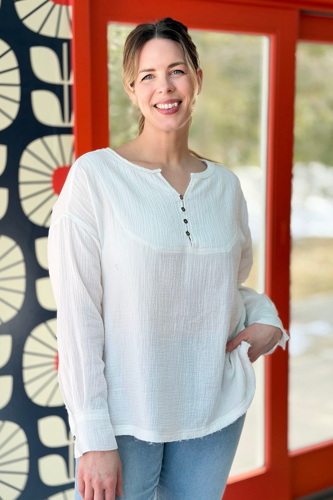 Cotton Loose Half Button Top - Ivory