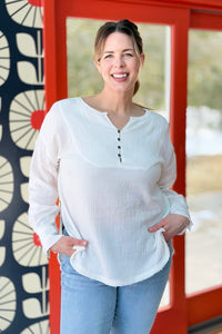 Cotton Loose Half Button Top - Ivory