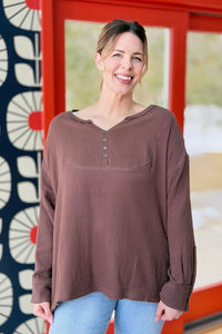 Cotton Loose Half Button Top - Mocha