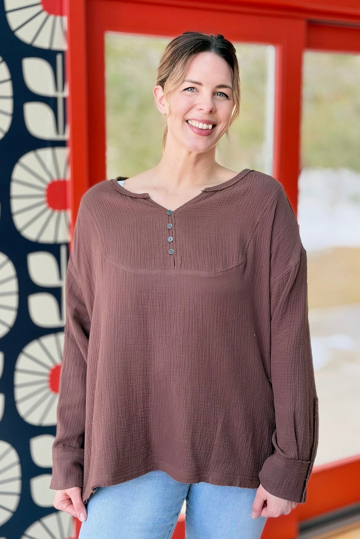 Cotton Loose Half Button Top - Mocha