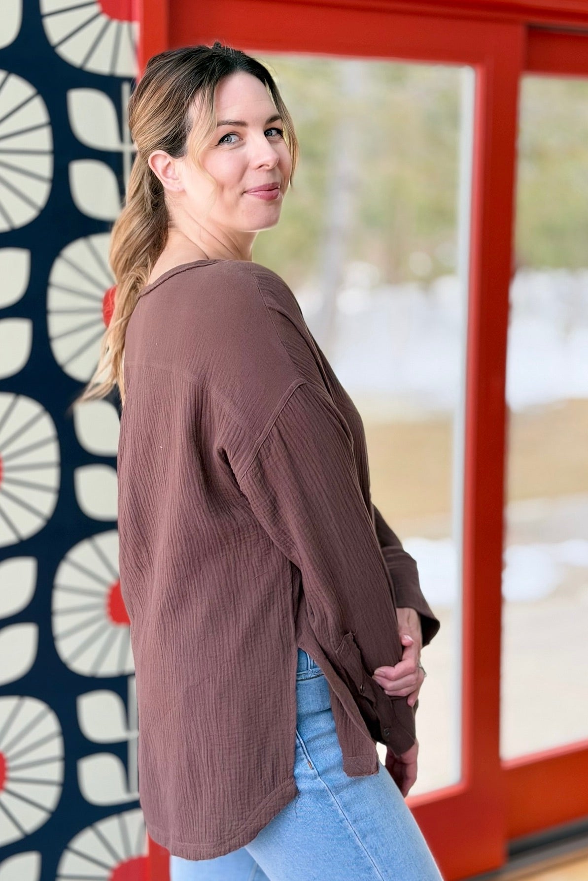 Cotton Loose Half Button Top - Mocha