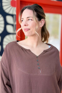 Cotton Loose Half Button Top - Mocha