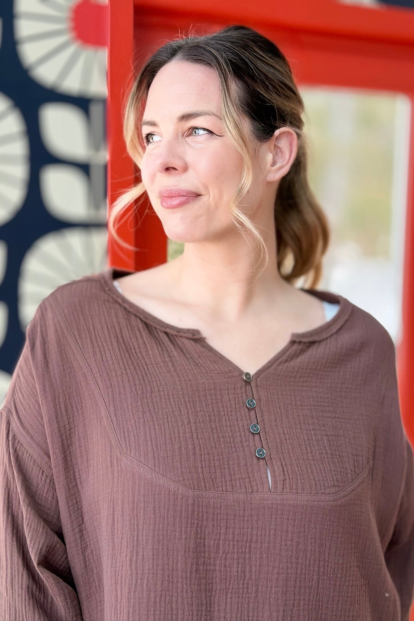 Cotton Loose Half Button Top - Mocha