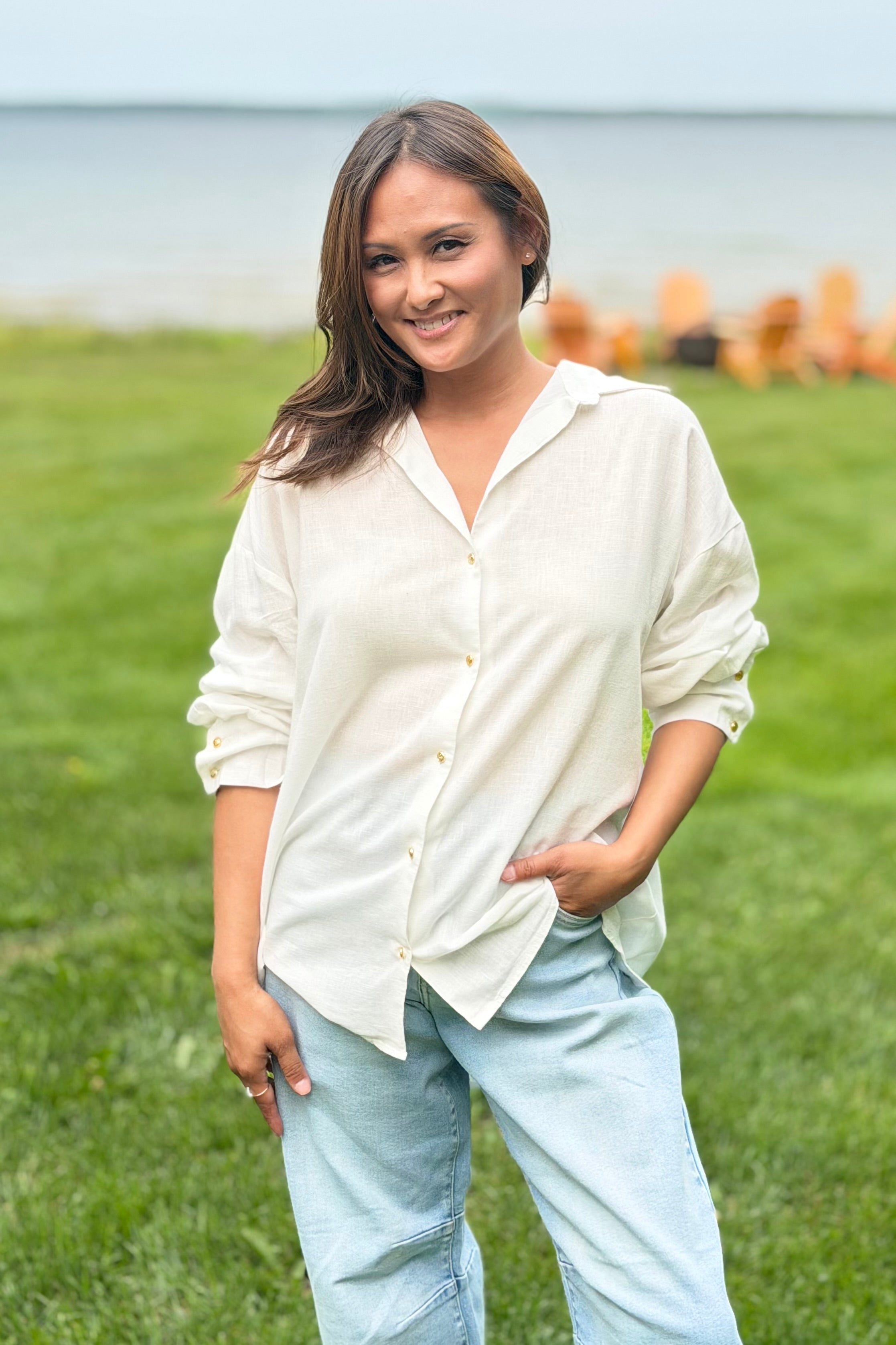 Gold Button Down Top - White