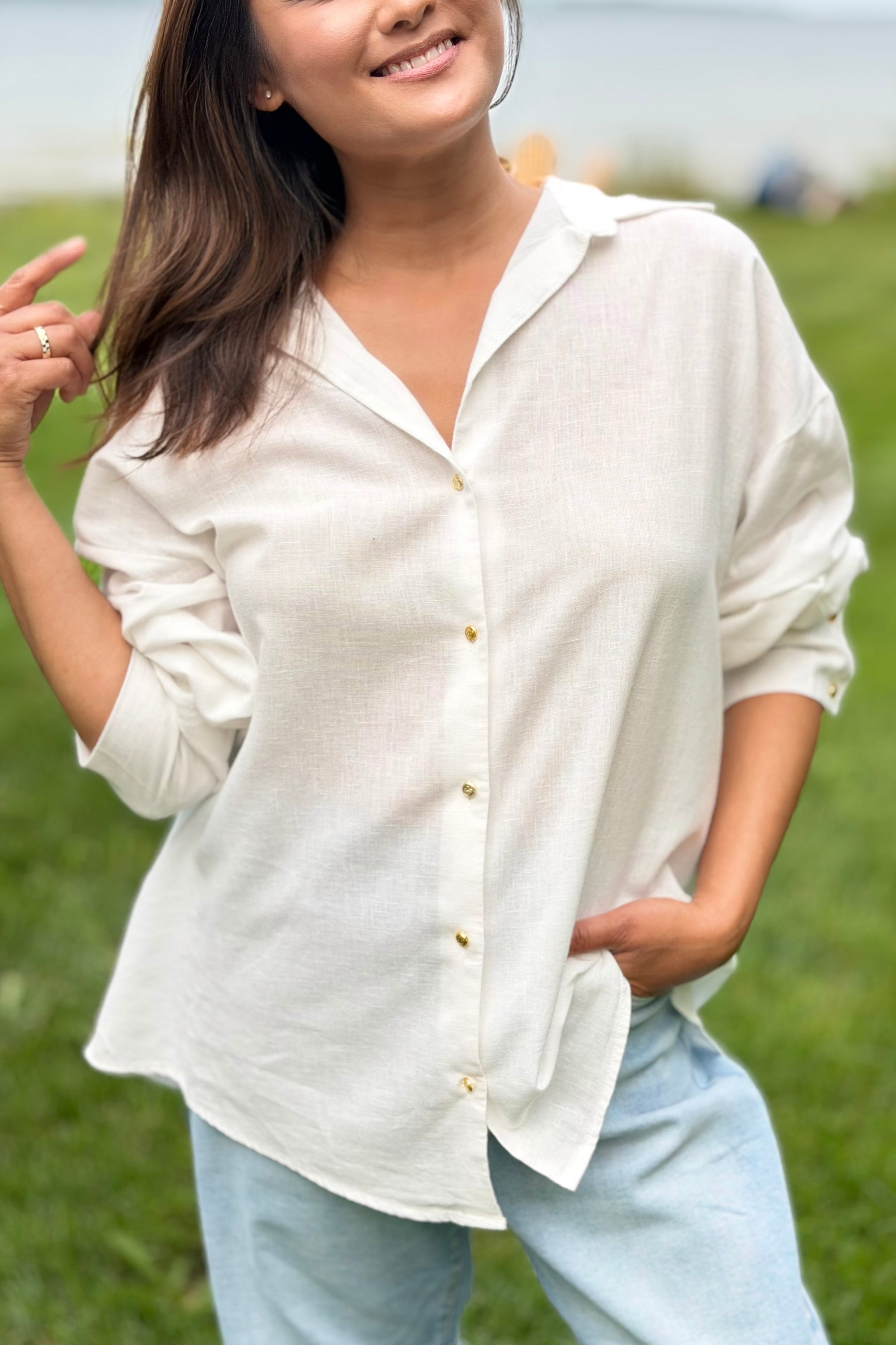 Gold Button Down Top - White