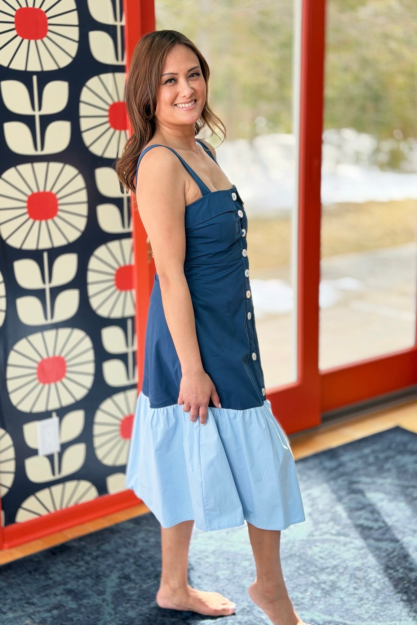 Two Toned Fold Over Neckband Dress - Navy