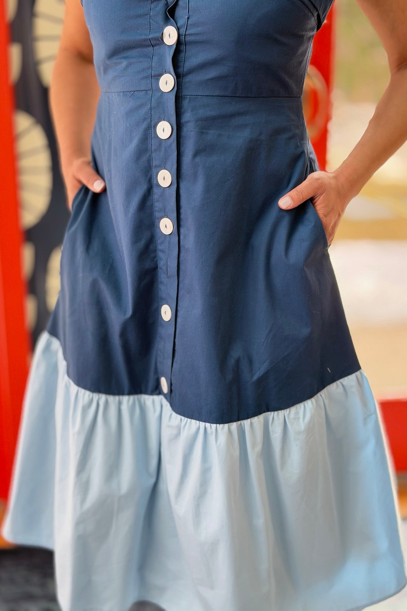 Two Toned Fold Over Neckband Dress - Navy